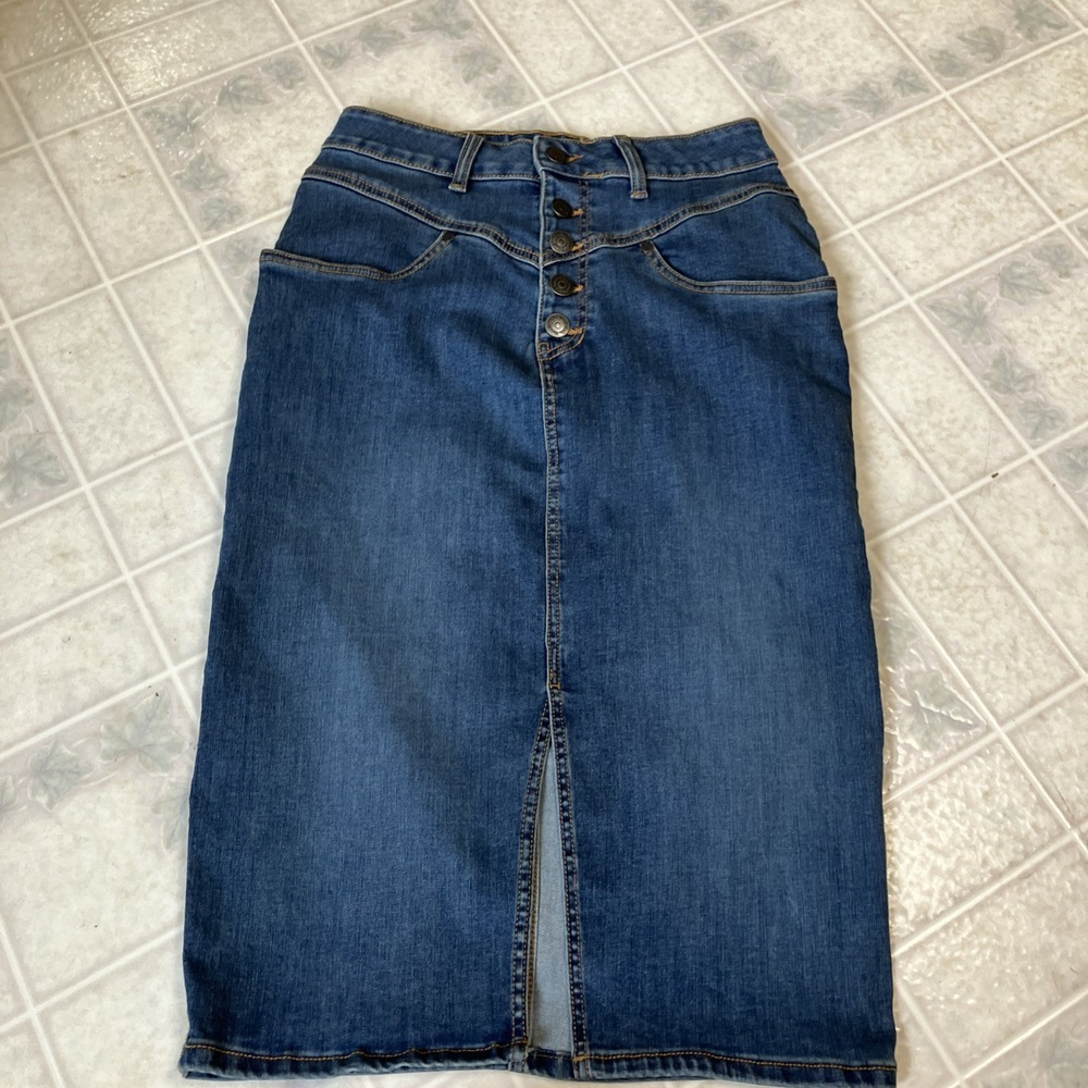 Ophelia Roe Denim Midi Pencil Skirt Size 8 Button Fly Stretch Jean Skirt modest